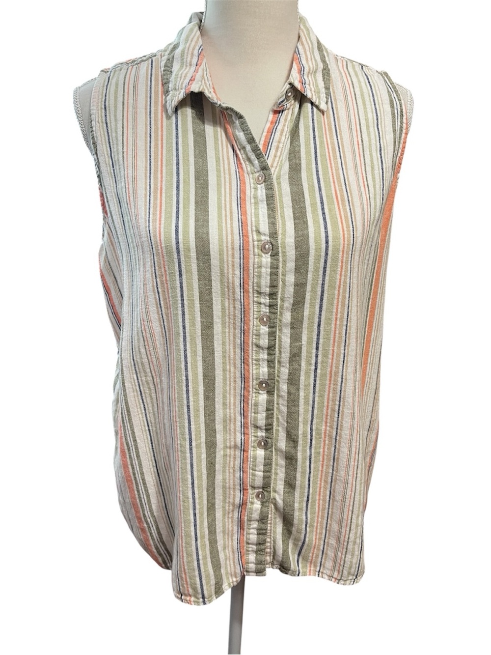 Linen Blend Womens Sleeveless Button Up Shirt Olive Coral Estimated Size Large